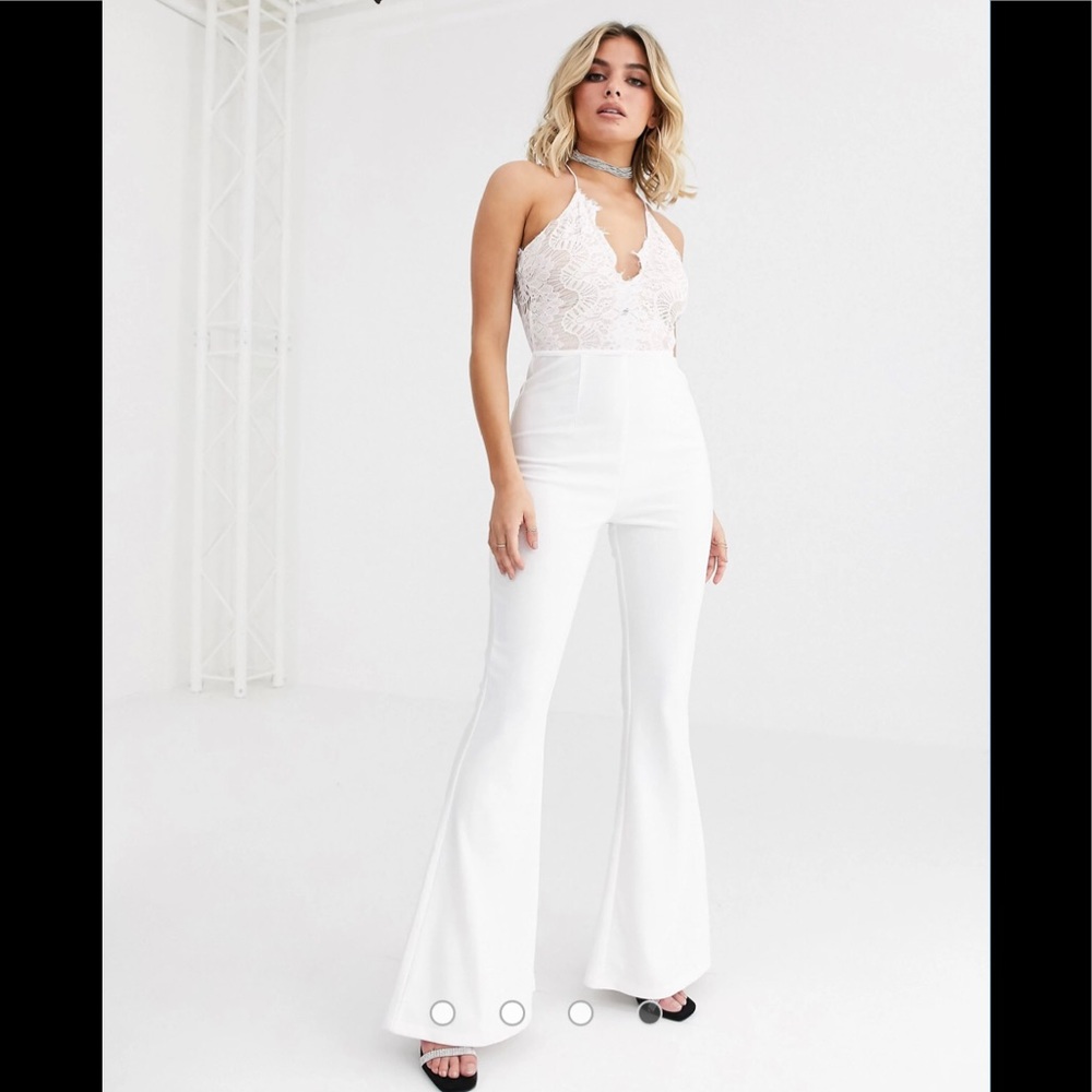 Rare London lace plunge front top wide leg jumpsuit in white. - Picture 2 of 4